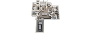 A top-down view of a house with a car parked in the driveway.