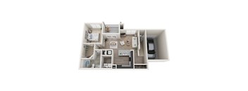 A top-down view of a small apartment layout with a kitchen, living room, and bedroom.