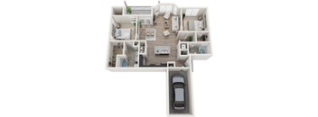 A top-down view of a house layout with a car parked outside.