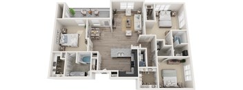 A top-down view of a two-story apartment layout with a living room, kitchen, dining area, and bedrooms.