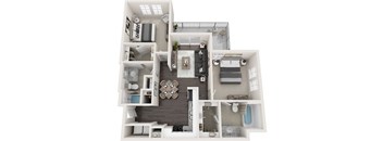 A 3D floor plan of a small apartment with a kitchen, living room, and bathroom.