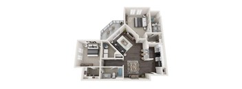 A 3D floor plan of a house with a kitchen, living room, and bedrooms.