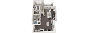 A top-down view of a small apartment with a kitchen, living room, and bedroom.
