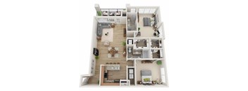 A detailed 3D floor plan of a two-story apartment.