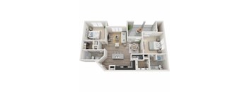 A 3D floor plan of a small apartment with a kitchen, living room, and bathroom.