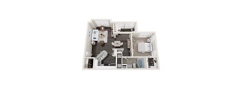 A top-down view of a well-organized apartment with a kitchen, living room, and bathroom.