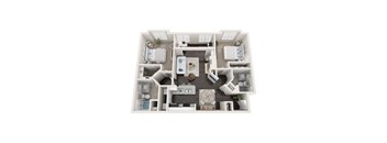 A 3D floor plan of a house with a kitchen, living room, and two bedrooms.