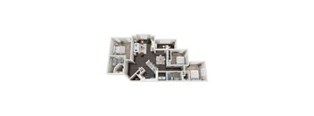 A 3D floor plan of a house with multiple rooms and furniture.