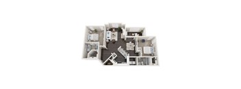 A 3D floor plan of a house with a kitchen, living room, and two bedrooms.