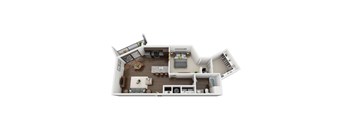 A 3D rendered image of a modern apartment layout.