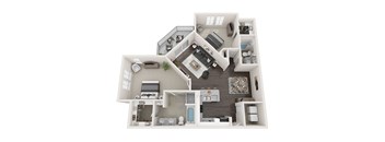 A 3D floor plan of a house with a living room, kitchen, and two bedrooms.