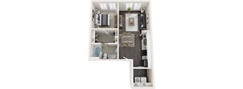 A 3D floor plan of a small apartment with a kitchen, living room, and bathroom.