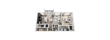 A top-down view of a modern apartment layout.
