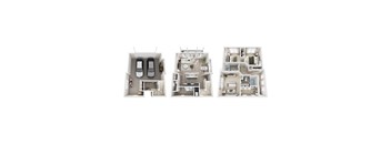 Three different floor plans of a house with two bedrooms and a garage.