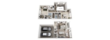 A diagram of a two-story house with a car parked in the garage.