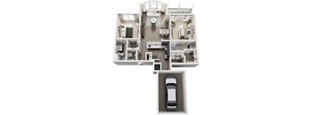 A top-down view of a house layout with a car parked in the garage.
