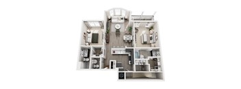 A 3D floor plan of a house with multiple rooms and furniture.