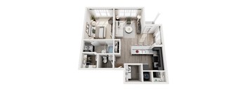 A top-down view of a modern apartment layout.
