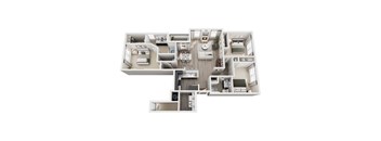 A detailed floor plan of a two-story apartment with a living room, kitchen, dining room, and multiple bedrooms.