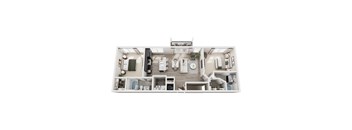 A top-down view of a modern, well-equipped kitchen and living room.