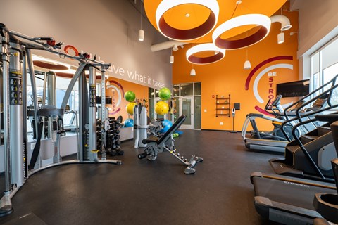 A gym with a variety of equipment including treadmills, weights, and exercise machines.