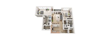 A top-down view of a two-story apartment layout with a living room, kitchen, dining area, and bedrooms.