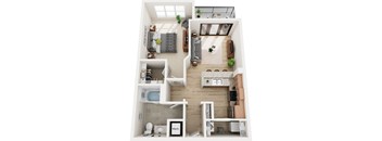 A top-down view of a small apartment with a kitchen, living room, and bathroom.