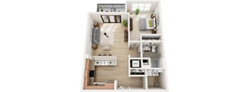 A top-down view of a modern apartment layout with a living room, kitchen, and bedrooms.