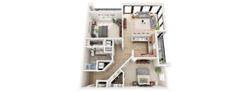 A top-down view of a two-bedroom apartment with a living room, kitchen, and bathroom.