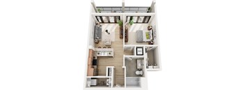 A top-down view of a small apartment with a living room, kitchen, and bathroom.