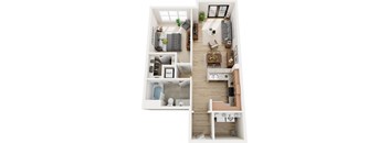 A top-down view of a small apartment with a kitchen, living room, and bathroom.