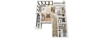 A top down view of a modern apartment with a kitchen, living room, and bedroom.