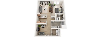 A top-down view of a modern apartment layout with a kitchen, living room, and bathroom.