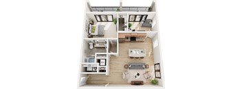 A top-down view of a modern, open-plan apartment with a kitchen, living room, and bedroom.