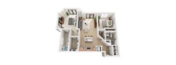 A top-down view of a modern apartment layout.