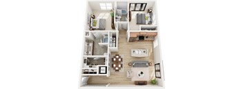 A top-down view of a small apartment with a kitchen, living room, and bedroom.