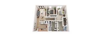 A top-down view of a small apartment with a kitchen, living room, and bathroom.