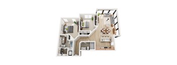 A 3D floor plan of a house with a kitchen, living room, and bathroom.