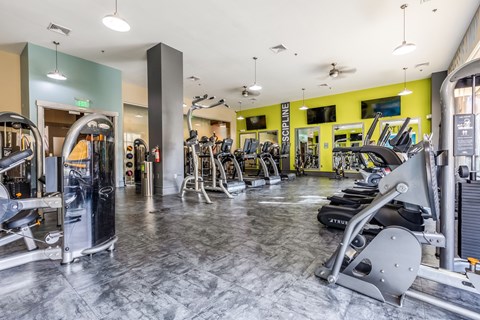 A gym with a variety of exercise equipment.