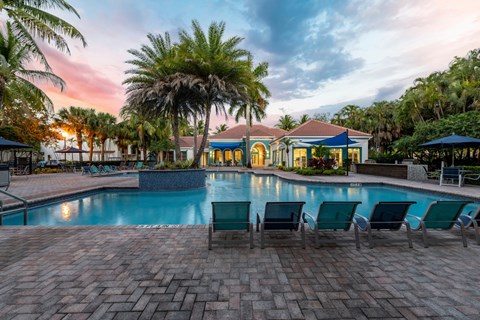 A pool surrounded by palm trees and lounge chairs.