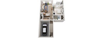 A top down view of a small apartment with a kitchen, living room, and bathroom.