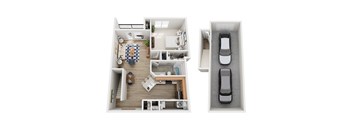 A top down view of a house interior and a car.