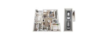 A top down view of a house interior and a car.