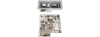 A top-down view of a two-bedroom apartment with a living room, kitchen, and bathroom.