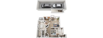 A top-down view of a house with two cars parked in the garage.