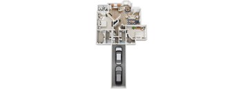 A floor plan of a house with two bedrooms, a living room, a kitchen, and a garage.