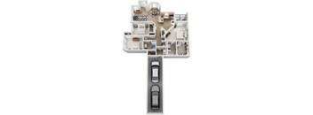A top down view of a house with a car parked in the driveway.