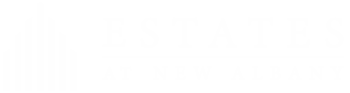 A logo with the text "ESTATES AT NEW ALBANY" in white on a green background.