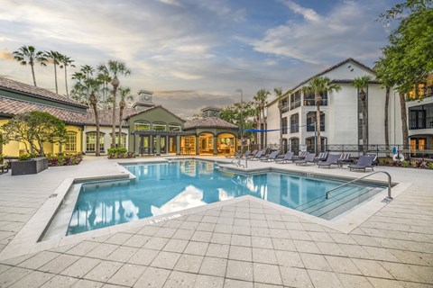 A large outdoor swimming pool surrounded by lounge chairs and palm trees.