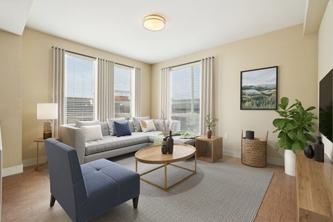 A living room with a blue chair and a grey sofa.